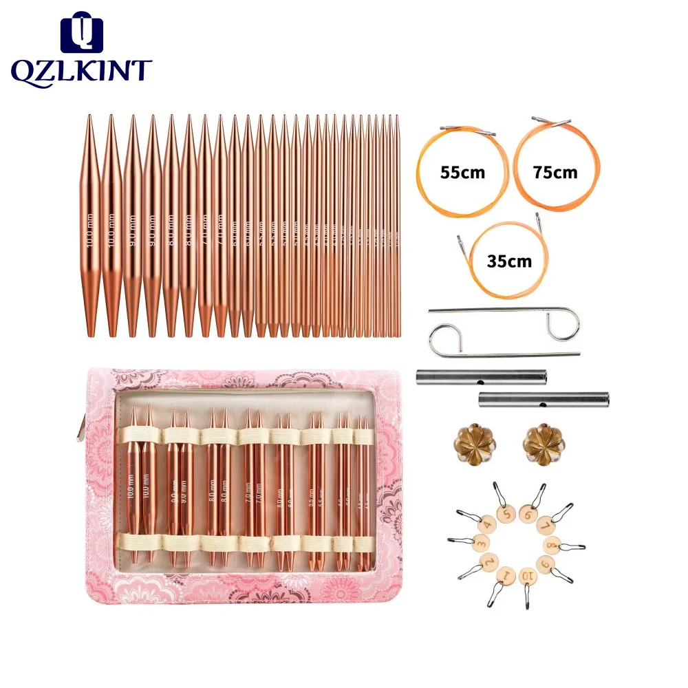 

QZLKNIT Interchangeable Circular Knitting Needles Sets 26PCS Aluminun Crchet Needles Pink Color Bag Sewing Tool Accessories Gift