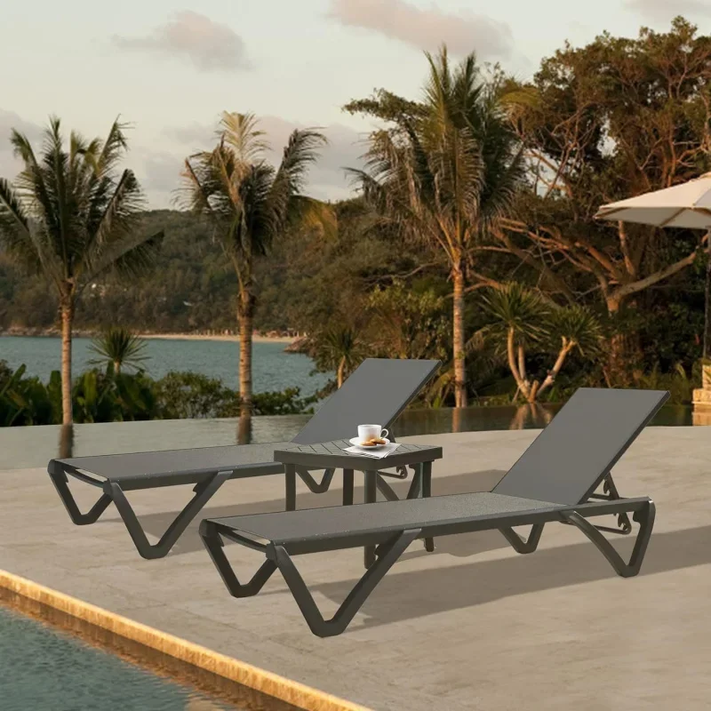 Pool Lounge Chairs, Aluminum Patio Chaise Lounge with Side Table, 5 Position Adjustable Backrest and Wheels, All Weather Outdoor