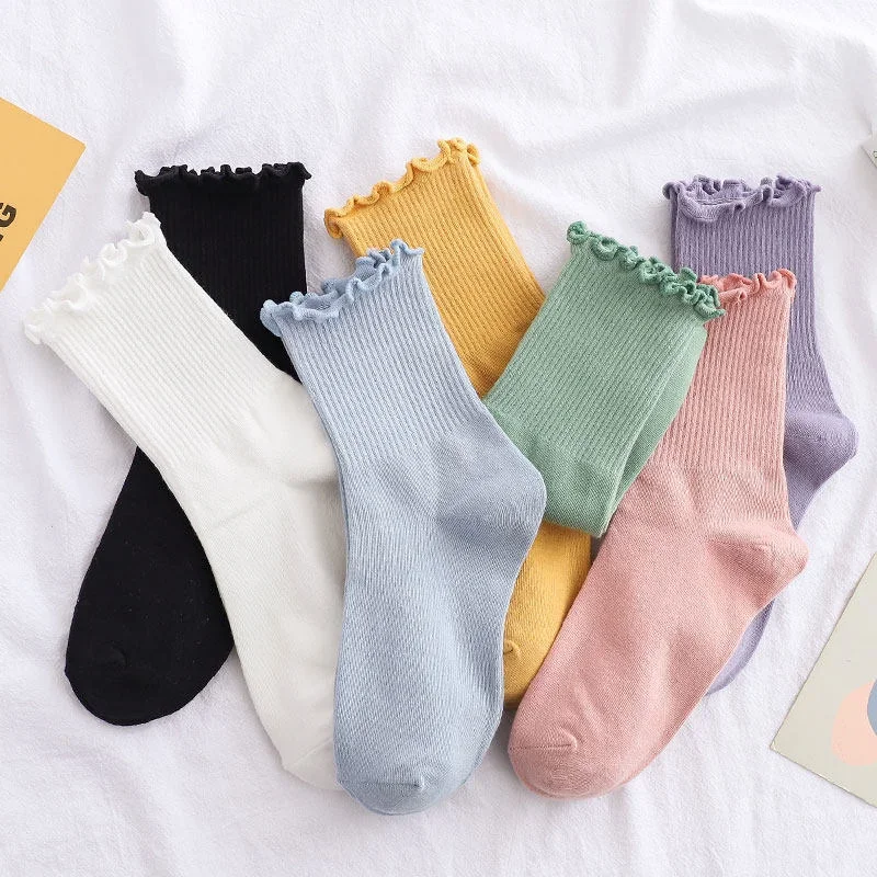 

3 Pairs White Socks Women Cute Kawaii Frilly Ruffle Socks Cotton Purple Japanese Candy Skateboard Sport Socks Black