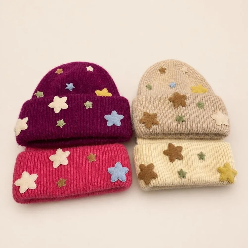 Cute 3D Star Knitted Beanie Hat Acrylic Blend Real Rabbit Fur Rabbit Fur Hat Windproof Thick Thermal Fuzzy Beanie For Women