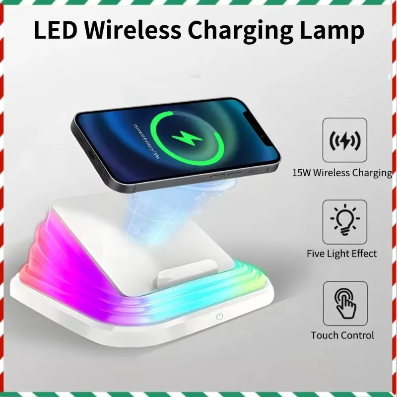 Luz noturna de carregamento sem fio magnético de 4 cores 15W, lâmpada de cabeceira ajustável para quarto, escritório, presente