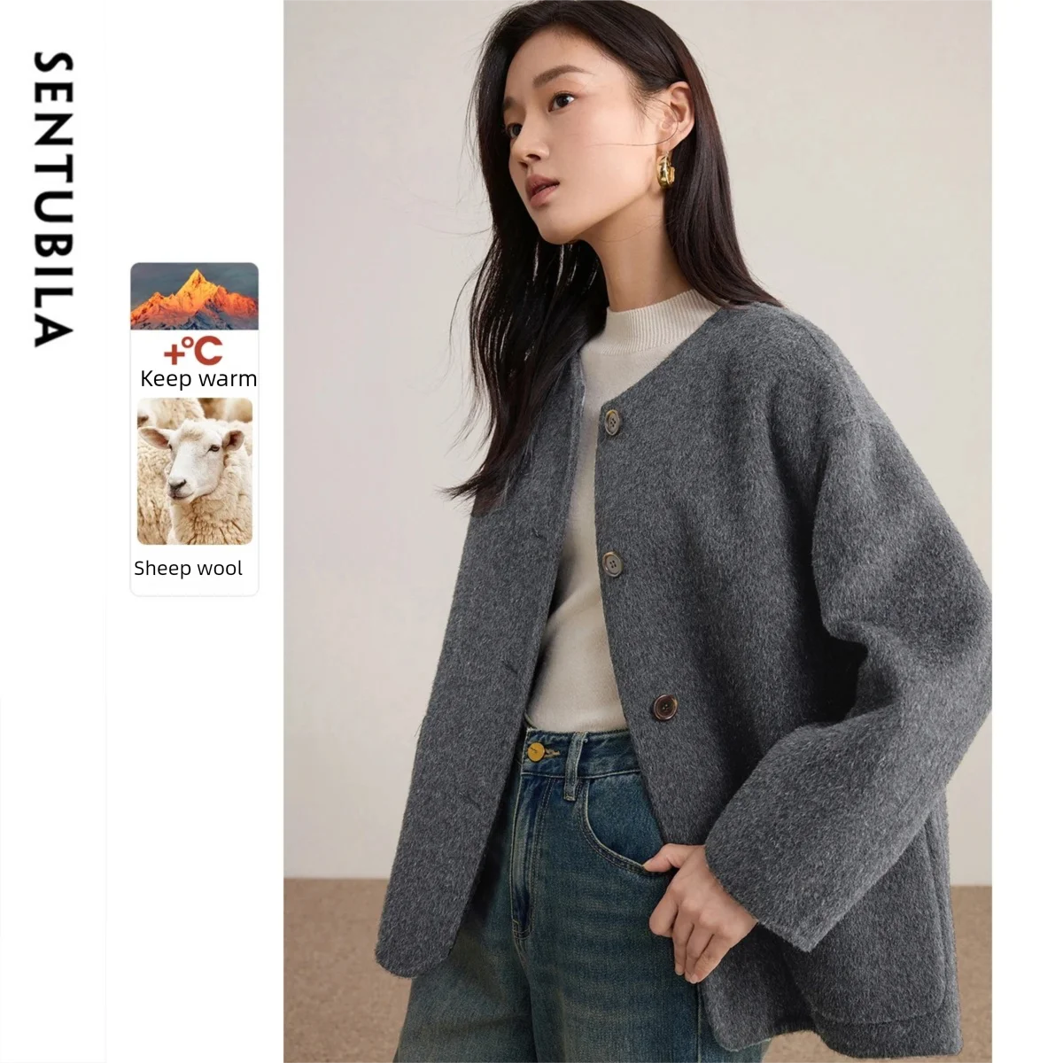 

SENTUBILA Women’s Woolen Coats 2025 Winter O-neck Long Sleeve Jackets Solid Loose Fit Warm Outerwear Female Clothing W54OG2425