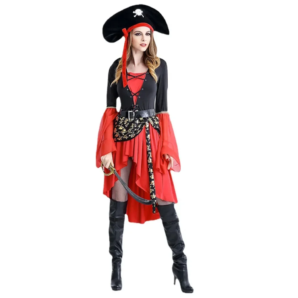 Disfraz de pirata Caribeño para mujer, vestido Vintage, cinturón, sombrero, traje de capitán pirata, juego de rol, conjunto de uniforme, fiesta de Halloween