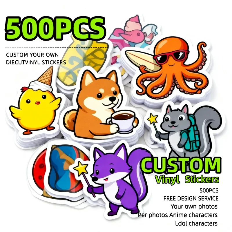 

500 шт. наклейки на заказ, водостойкая высечка, виниловый дизайн логотипа, брендовая наклейка для ноутбука, милая персонализированная наклейка, глянцевая пленка для бизнеса