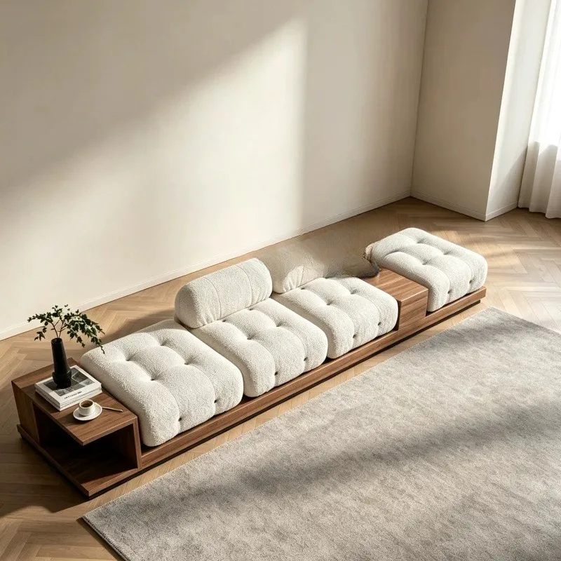 New Chinese-style solid wood fabric sofa, straight row for more than three people to store storage