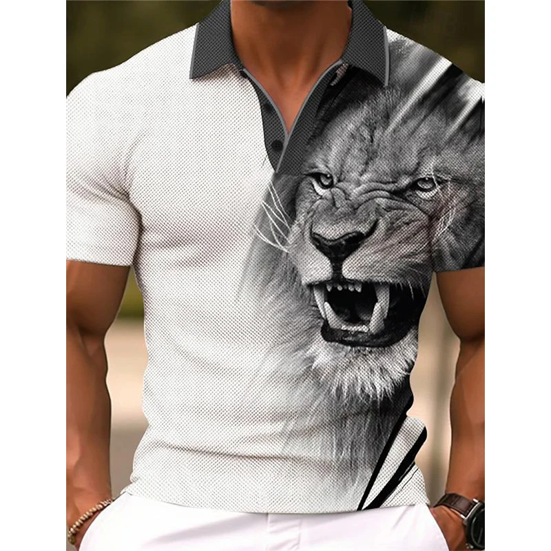 Polo con estampado de León Animal para hombre, ropa deportiva, trabajo al aire libre, calle, manga corta, botones giratorios, camisetas