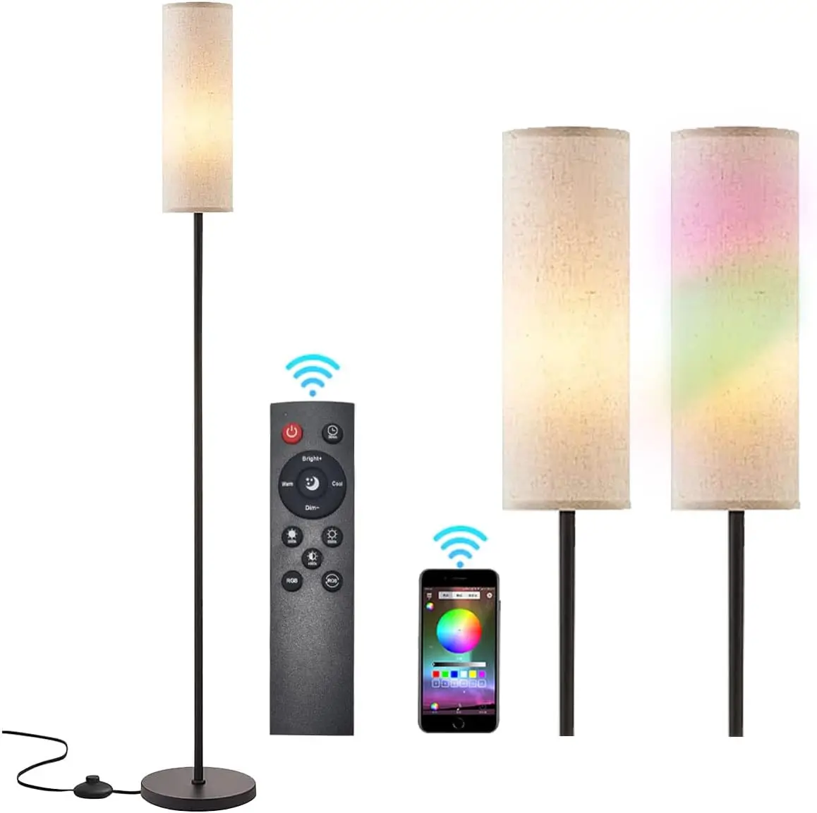 

Adjustable LED Floor Lamp with Remote & Foot Switch, Black Tall Standing Lamp with Beige Shade for Living Room, Bedroom, Study