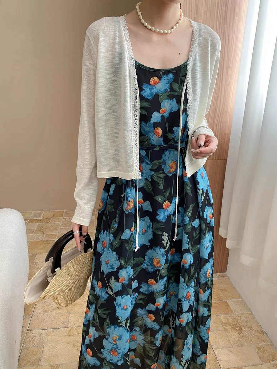 Peinture à l'huile française florale à lacets taille cintrée minceur tempérament robe Camisole