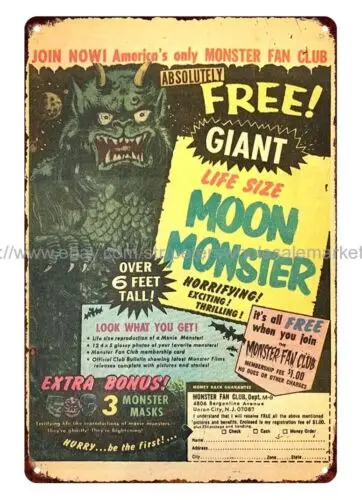 1971 toy comic ads MOON MONSTER Monster Fan Club metal tin sign color plaque