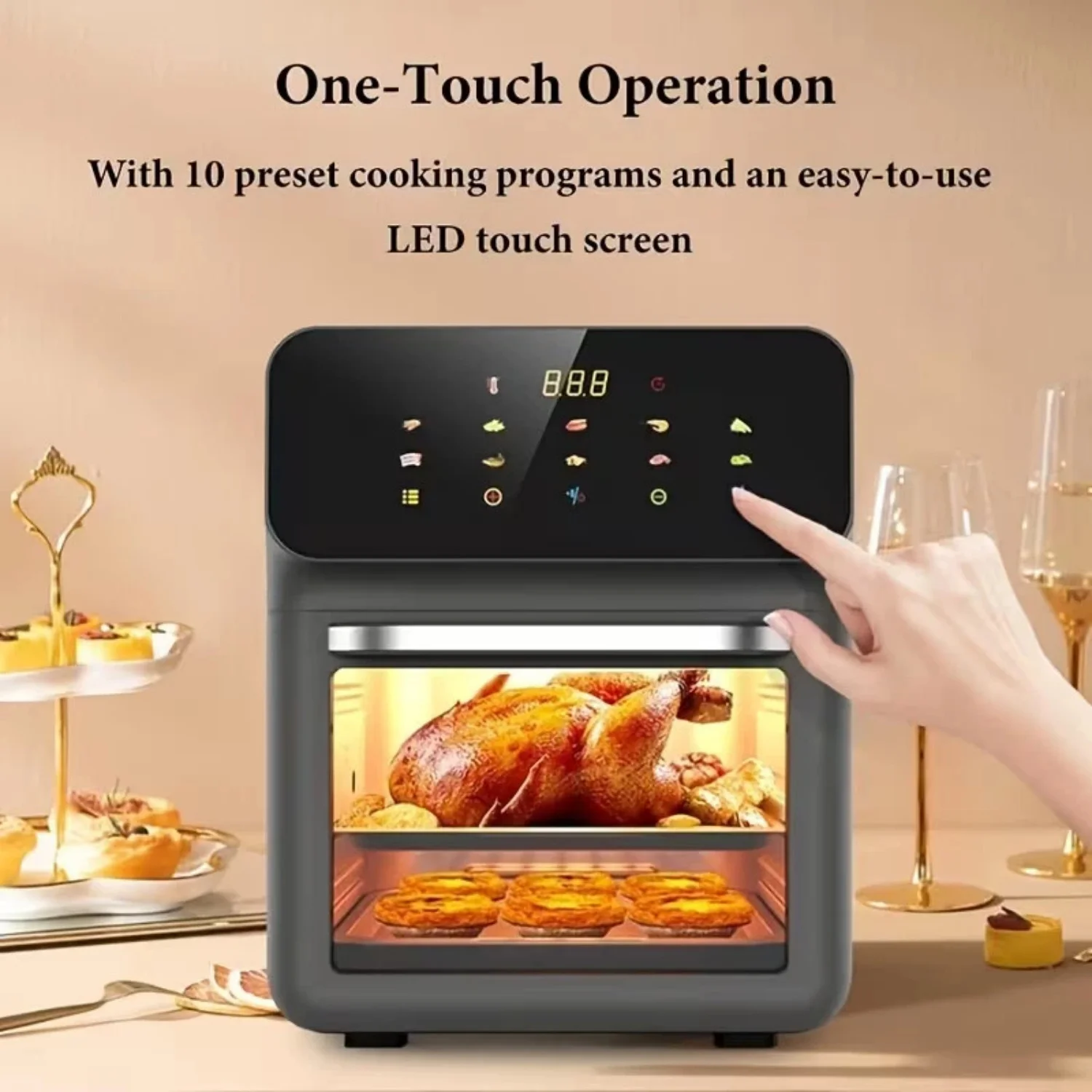 11.5QT 10-in-1 Multifunctional Air Fryer Toaster Combination, Baking, Reheating, No Deep Frying, Stainless Steel, LED Digital Touch Screen, Visible Window, Healthy Cooking