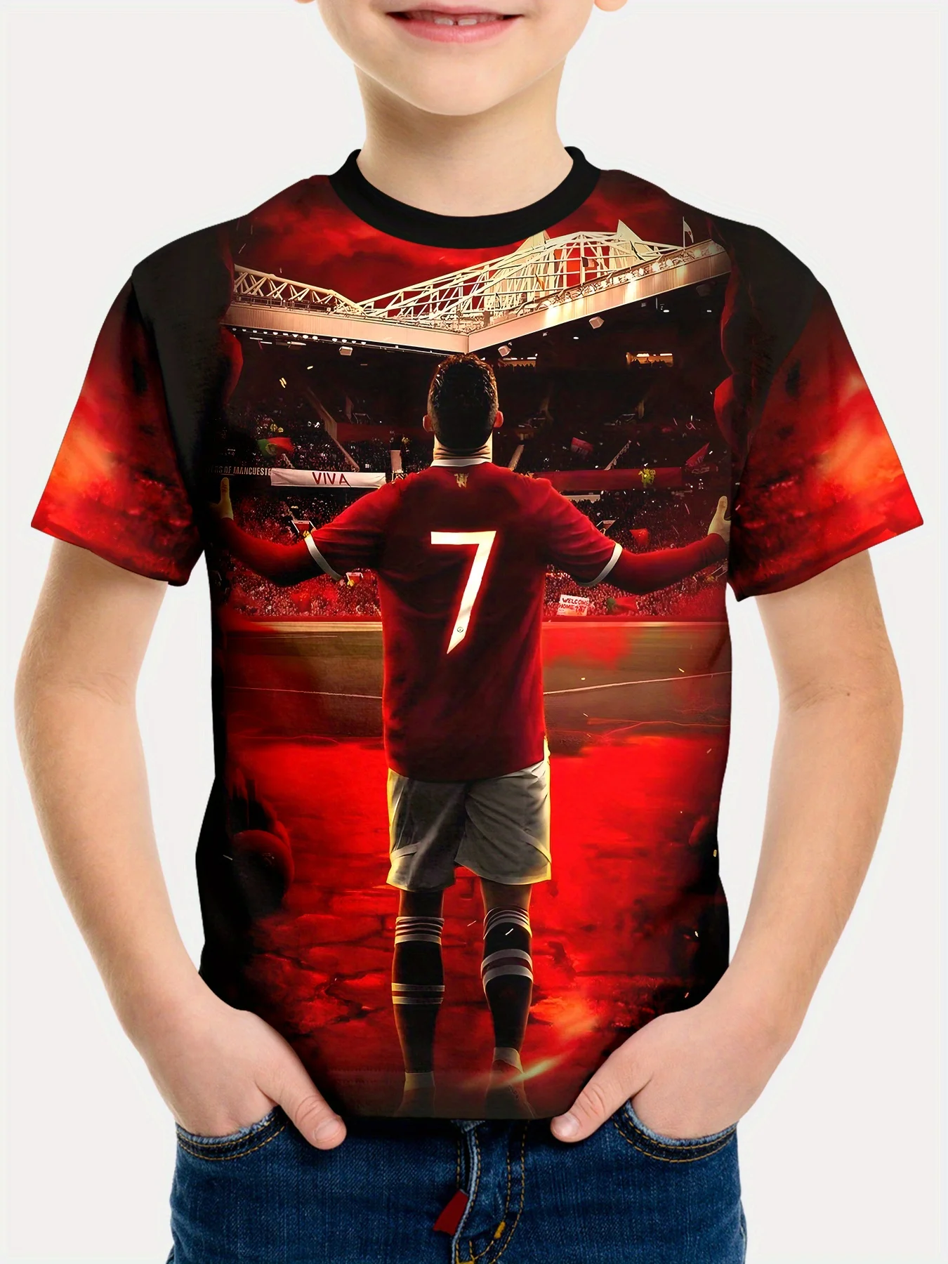 Boys Football Star Number 7 Printed T‑Shirt, Children Red Theme Stadium Soccer Player Pattern Short‑Sleeve Casual Daily Tee
