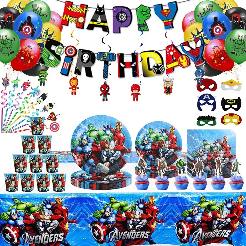 The Avengers Birthday Decoration Boys Cartoon Superhero Theme Party Tableware Balloons Suppplies Paper Cups Plates Baby Shower