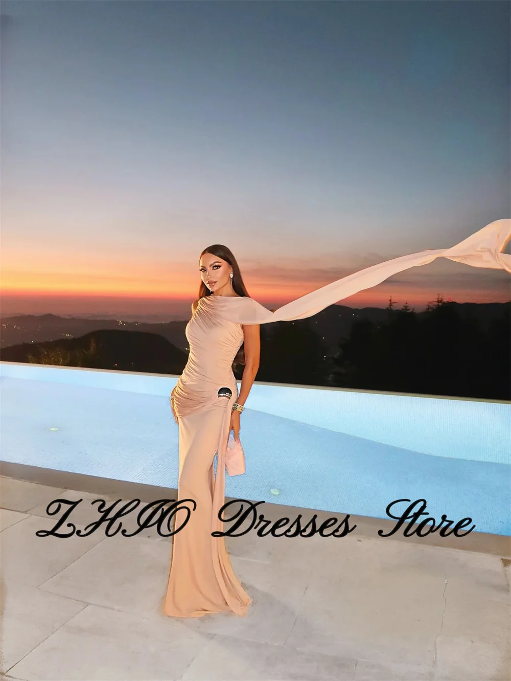ZHIO Abito da sera in crêpe champagne o collo senza maniche sirena abiti da cerimonia formale pieghe eleganti abiti da ballo personalizzati