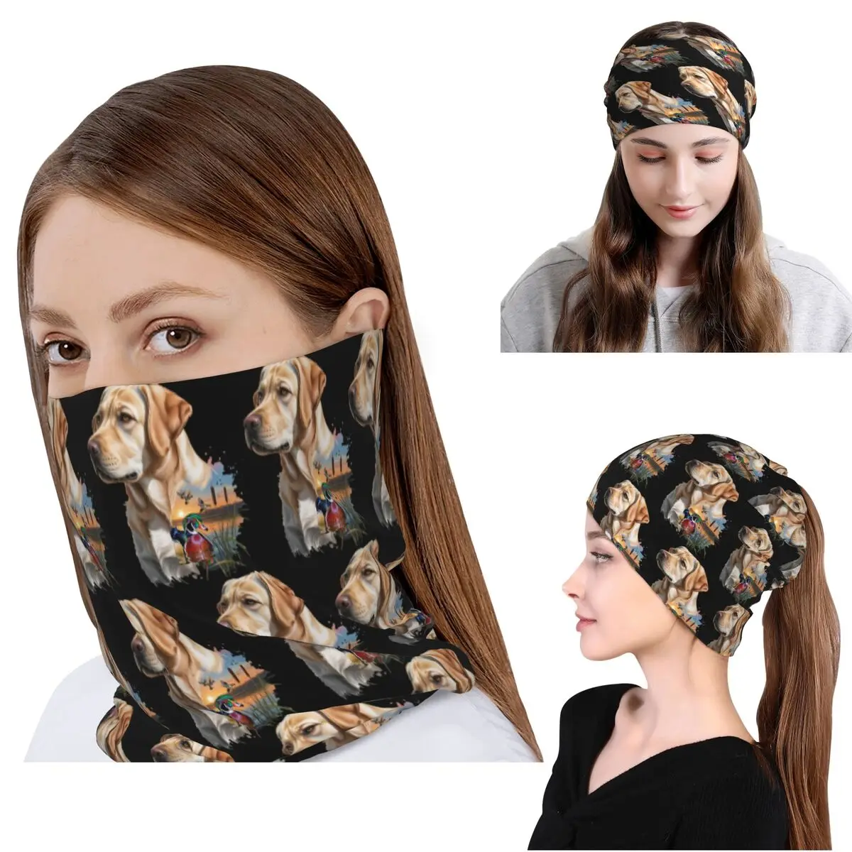 Yellow Labrador And Wood Duck Sunrise Bandana Neck Gaiter Wrap Scarf Warm Face Mask Beanies Hat for Men Women Adult Washable