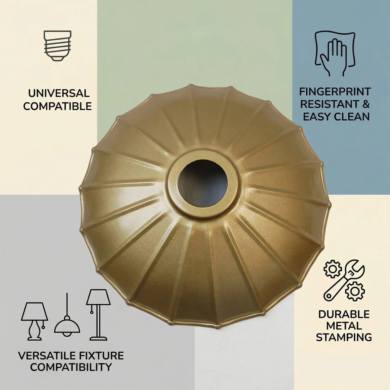 Vintage Gold Metal Lamp Shade, Scalloped Umbrella Pleated Disc Cover for Pendant Light E27