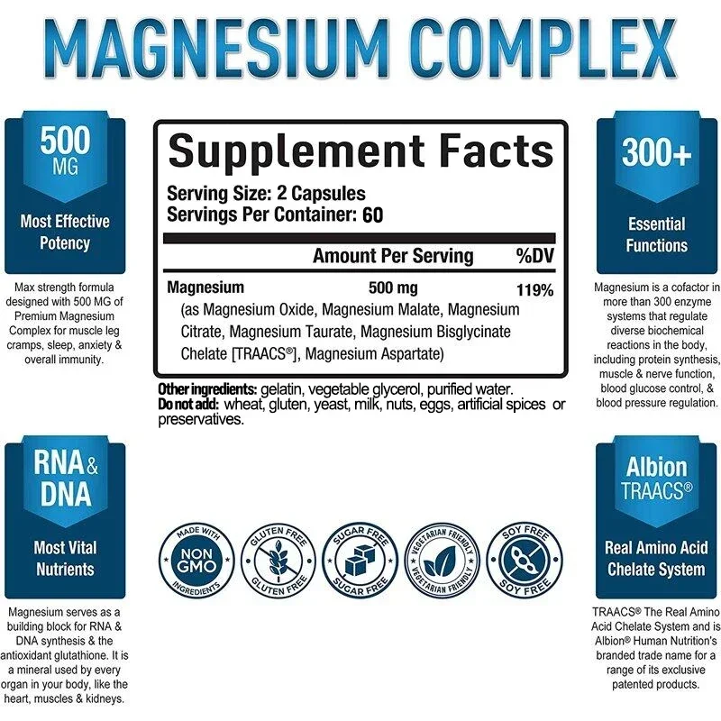 Magnesium Complex Capsules - for Muscle, Immunity, Sleep, Nerve and Energy, High Absorption, Vegetarian, Non-GMO