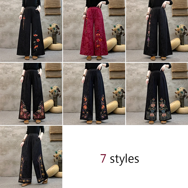 Retro Ethnic Style Embroidery Women Casual Cotton And Linen Wide-leg Pants Spring Lady Elegant Lace-up High Waist Trousers