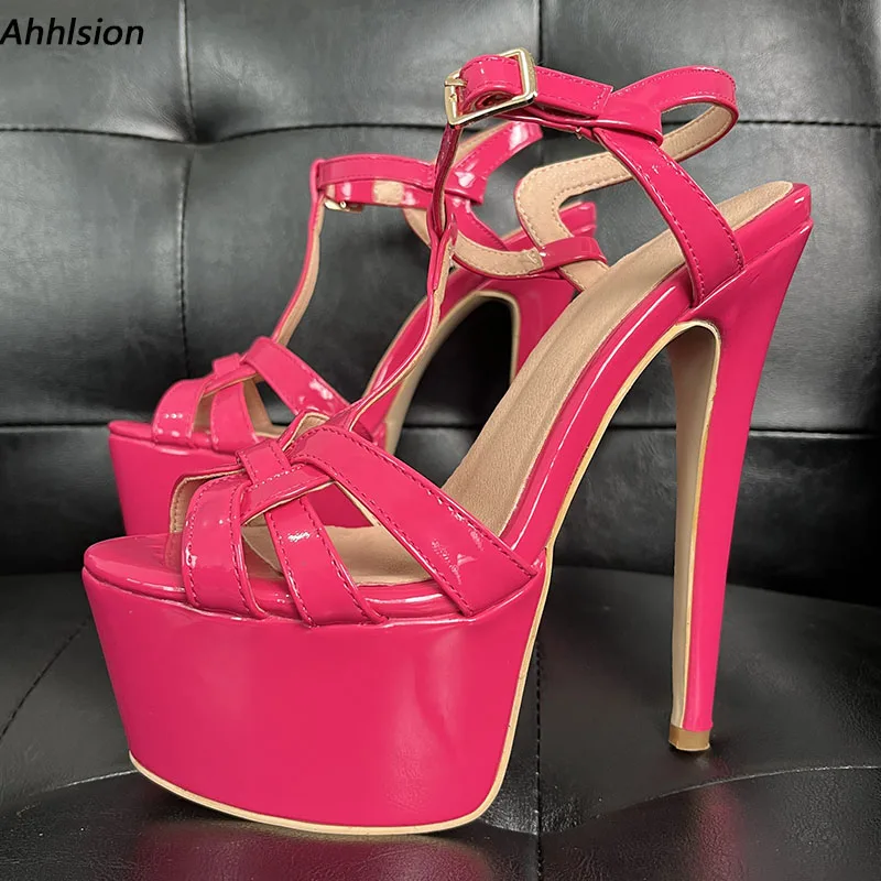 

Ahhlsion Handmade Women Summer T- Strap Sandals Sexy Stiletto Heels Round Toe Beautful Fuchsia Dress Shoes Ladies US Size 5-20