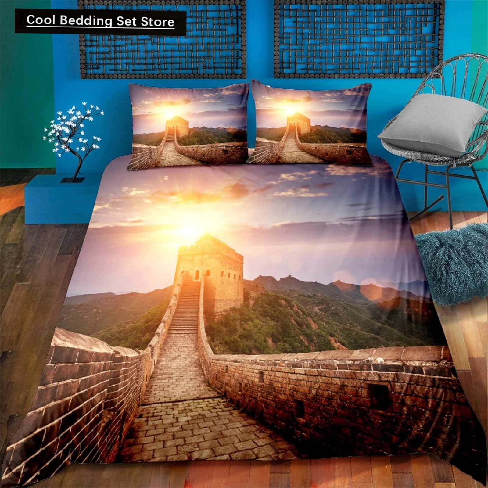 Great Wall King Queen Duvet Cover Old Chinese Building Bedding Set for Teens Adults Architecture 2/3 Pcs Polyester Quilt Cover