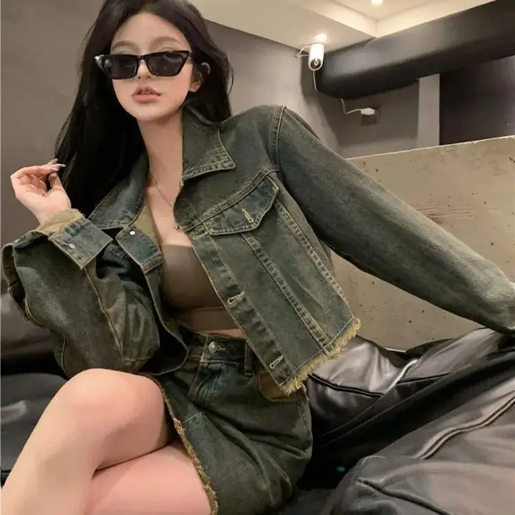 

Two-Piece Set Retro Raw-Edged Denim Long-Sleeved Jacket High-Waisted Short Skirt Street-Level Women Spring New Niche Design Suit