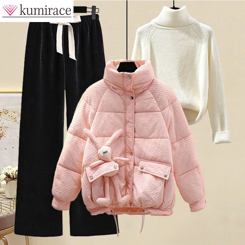 Winter Set Women\'s Korean Edition Wearing Cute Little Rabbit Pink Cotton Coat Wide Leg Pants Sweater Three Piece Set pant sets