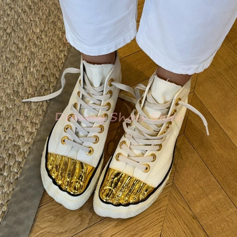Gold Five Fingers Cross-Tied Sneakers Patchwork High Top Canvas Shoes Men Women Fashion Street Lace Up Metal Decor Party Boots