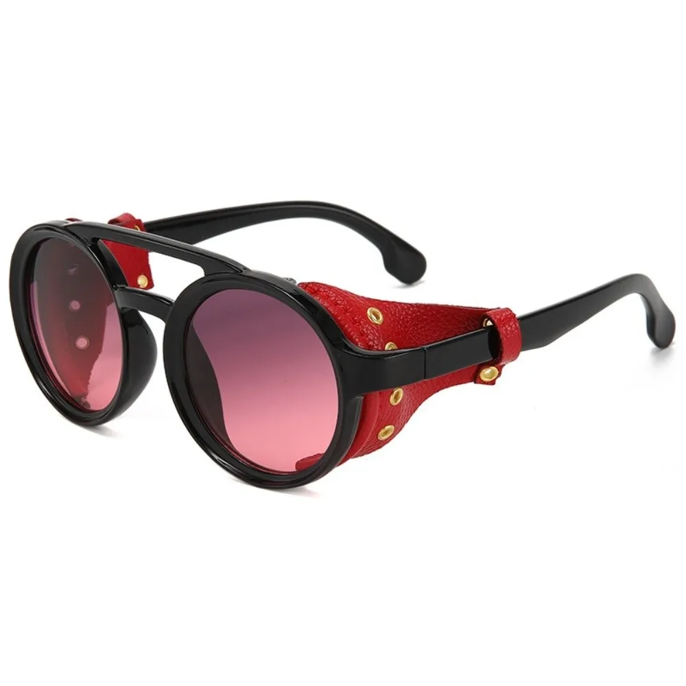 Leather Side Retro Round Glasses Anti Wind Circular Frame Steampunk Sunglasses Polarizing Night Vision Lightweight