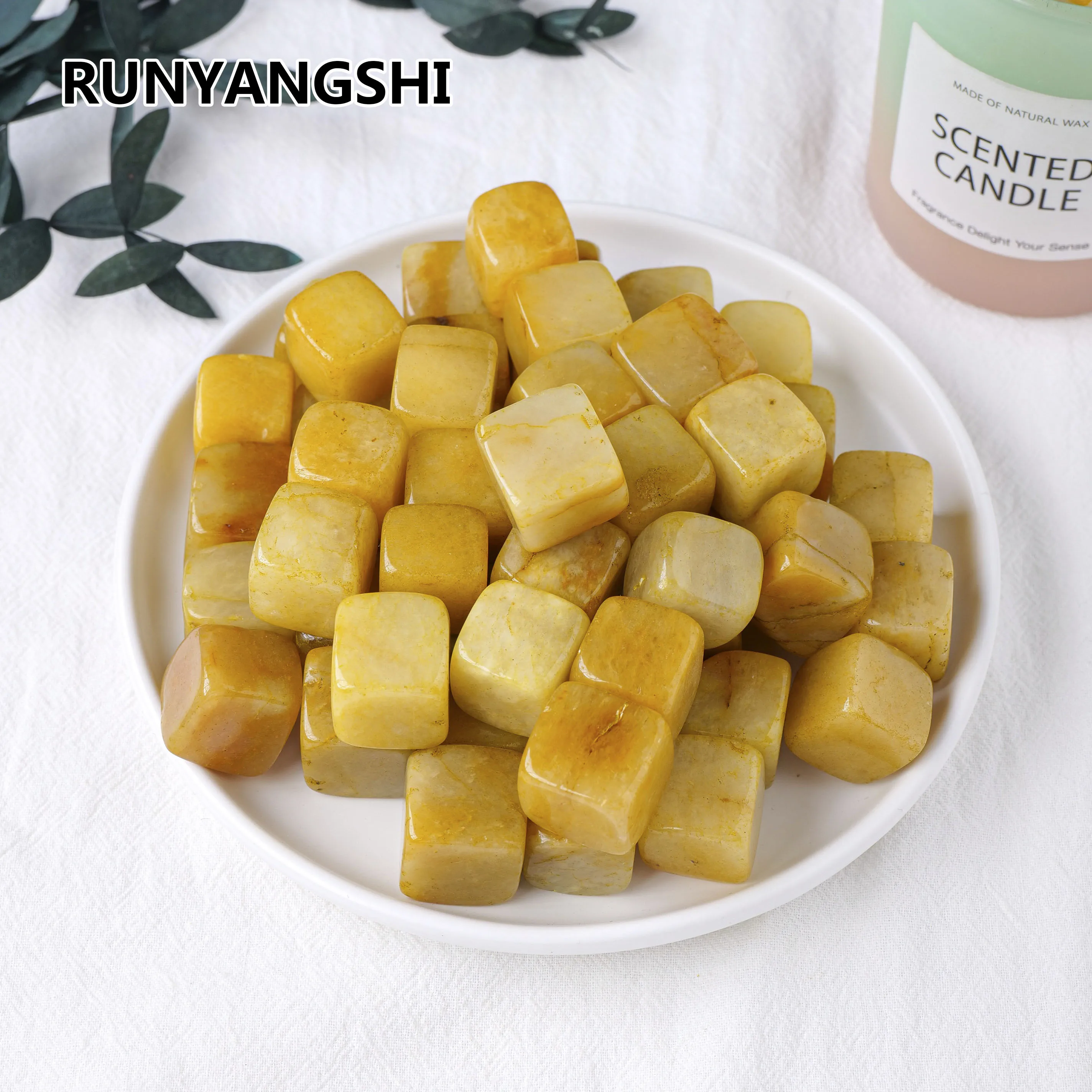 50g/bag Natural Crystal Rolling Stone Yellow Jade Block Gravel Specimen Square Polished Reiki for Aquarium Fish Tank Home Decor