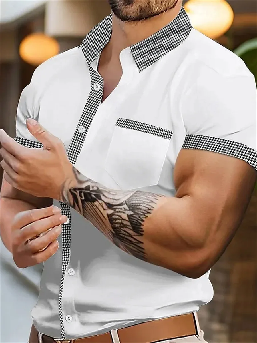 

Men's short-sleeved button-down shirt solid color black and white stitching lapel business casual vacation top large size XS-6XL
