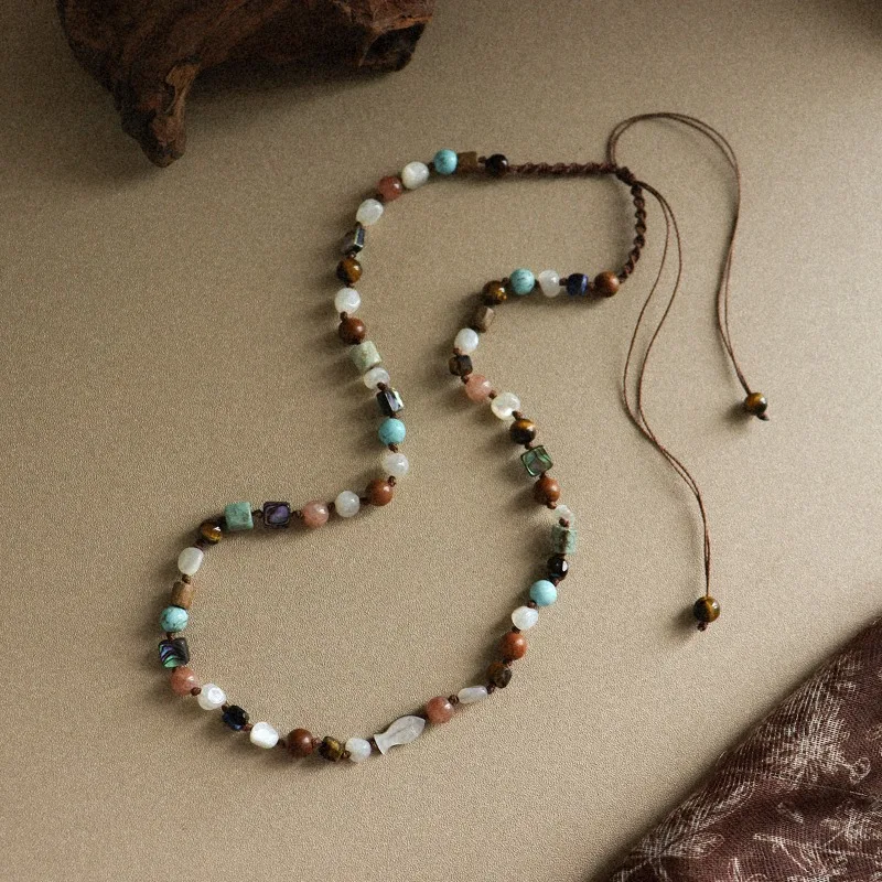 

Simple Exquisite Versatile Wood Beads Natural Stone Ball Knitted Strand Necklace Light Luxury Niche Sense Pullable Sweater Chain
