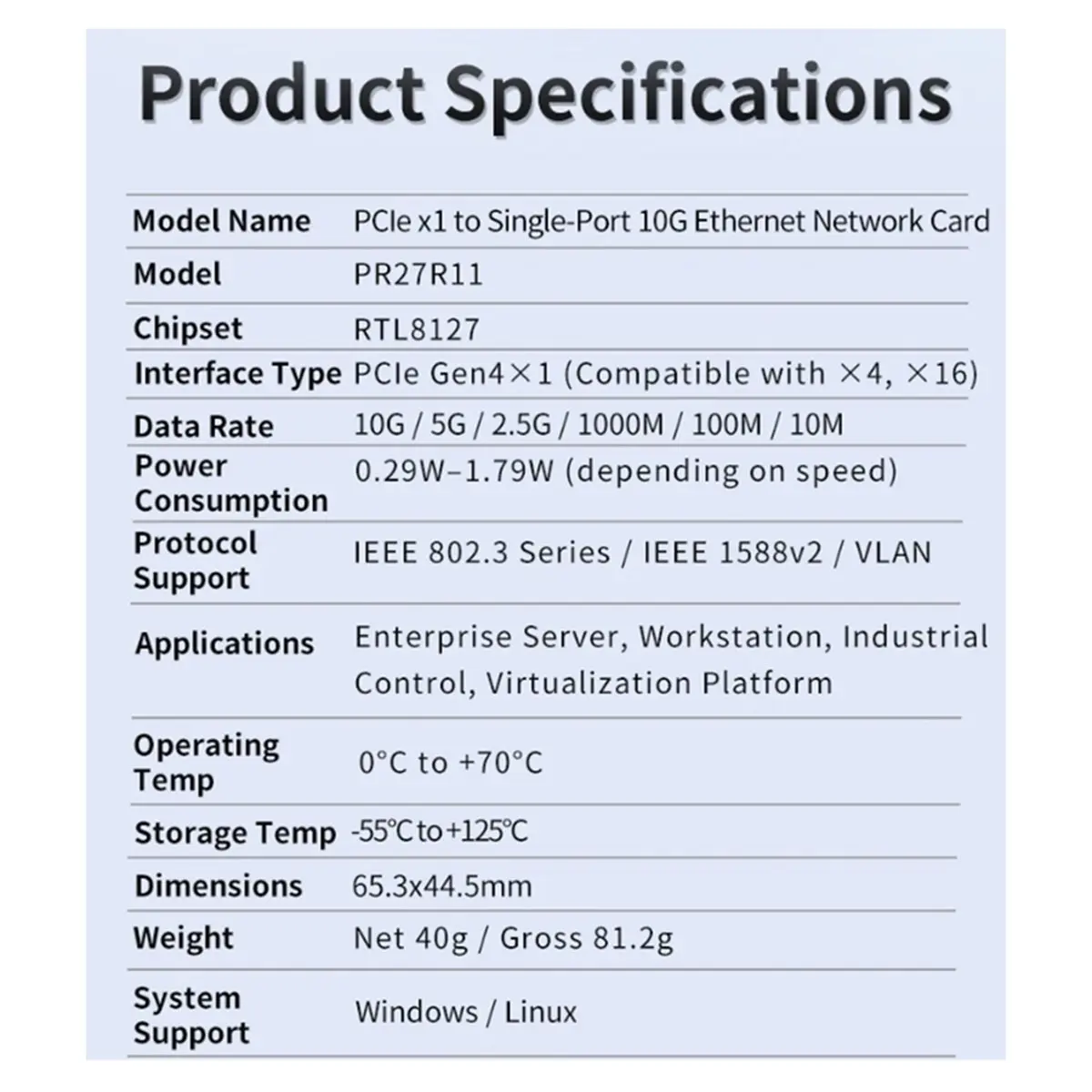 Nueva tarjeta de red Ethernet 10G 1 puerto PCIe 4,0 X1 10G RJ45 tarjeta Lan para Realtek8127(PXE) velocidades de red multigigabit