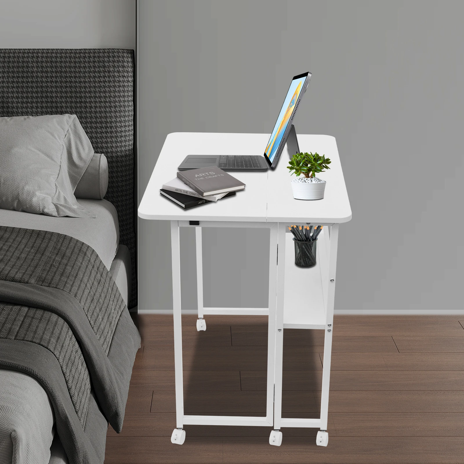 

31.5 inch Folding Small Rolling Table with Storage Shelf, Mobile Computer Desk with Wheels for Office Bedroom Living Room 165lbs