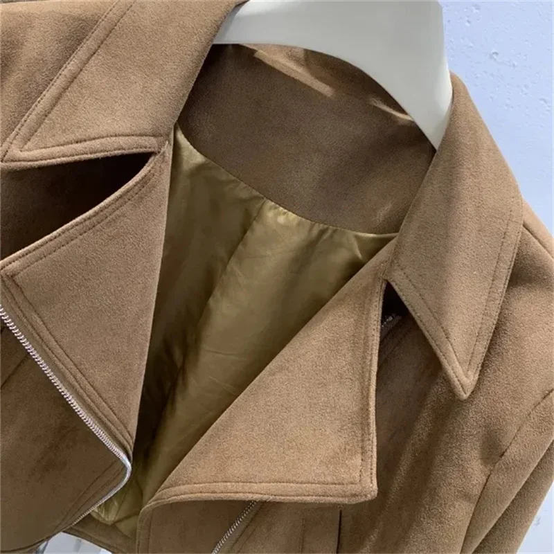 2024 Spring Autumn Short Coat Women Suit Neck Short Jacket Suede Fashion Woolen Coat Khaki Black Jackets Female Outwear Tops