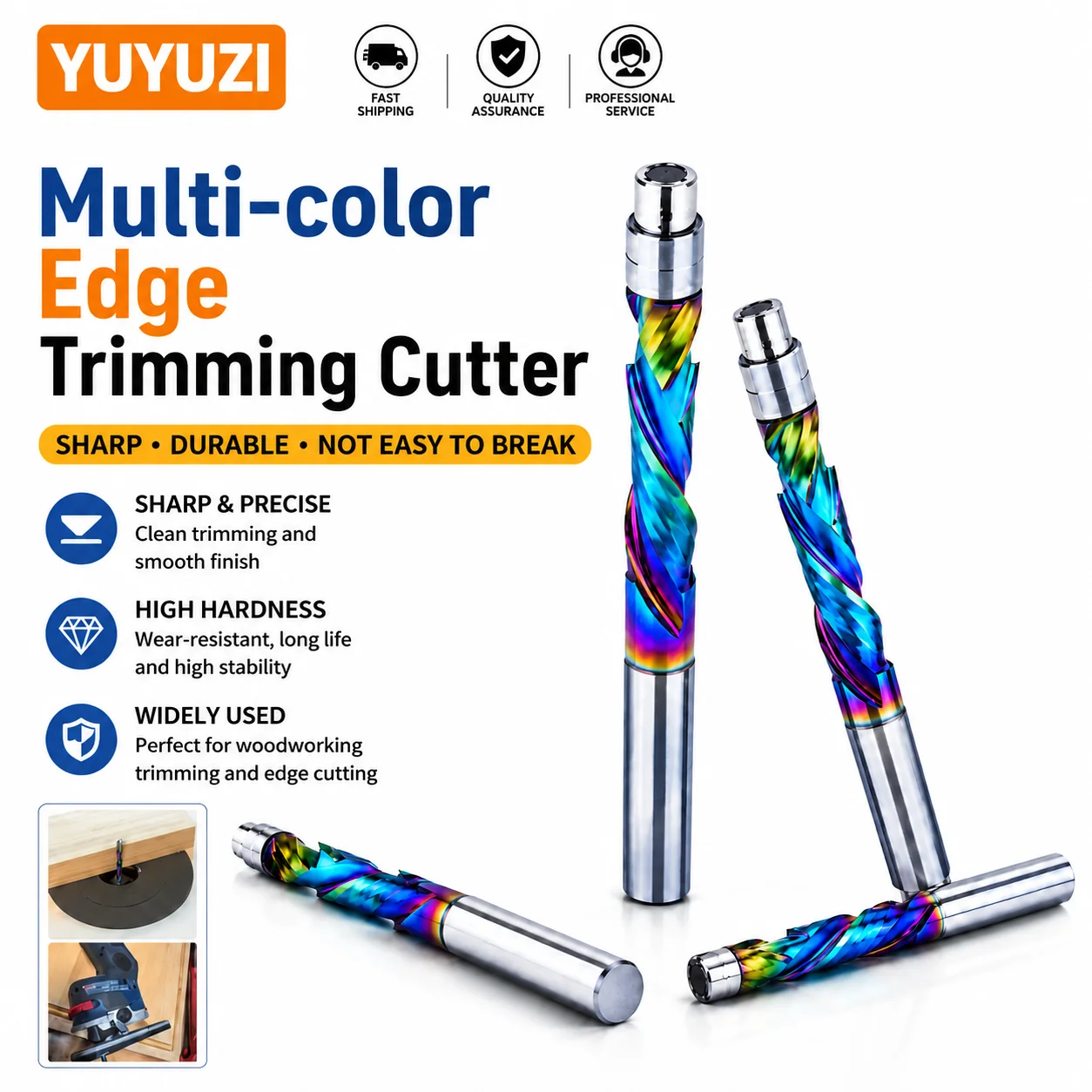 1PC Carbide DLC Coated Woodworking Trimmer 1/4Inch 6/8mm Bit 2 Flute Spiral Flush Trim Cutter with Bearing Guide for Woodworking