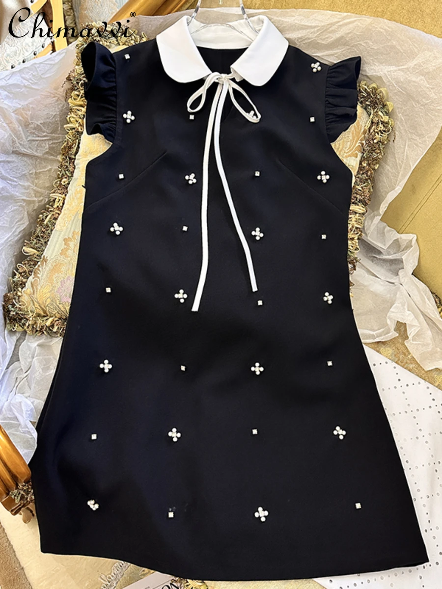 

Summer New Girl Doll Collar Flying Sleeves Dress Female Fashion Loose Slim Elegant Heavy Industry Rhinestone Party Mini Dress