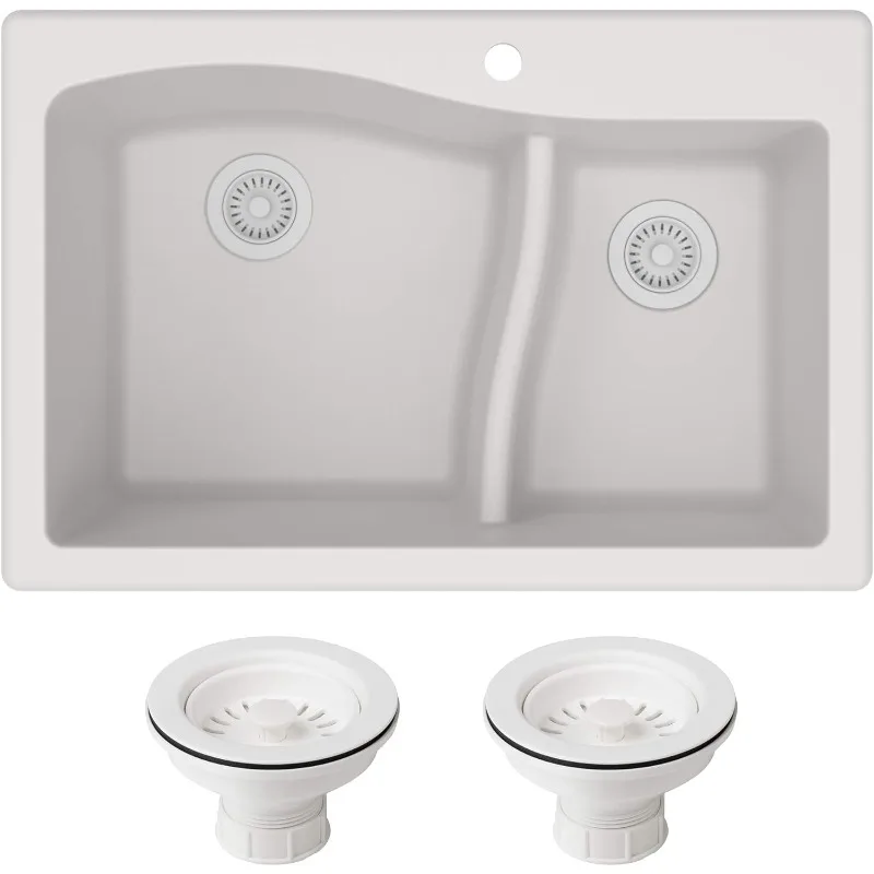 442 Quarza 33-inch 33” Dual Mount 60/40 Double Bowl Granite Kitchen Sink in White