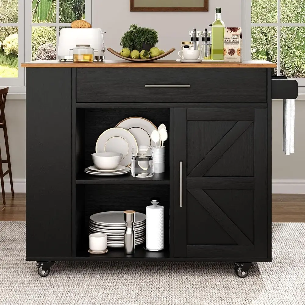 

39 Mobile Kitchen Island with 3-tier Spice Rack, Towel Bar, and Open Shelves, Black