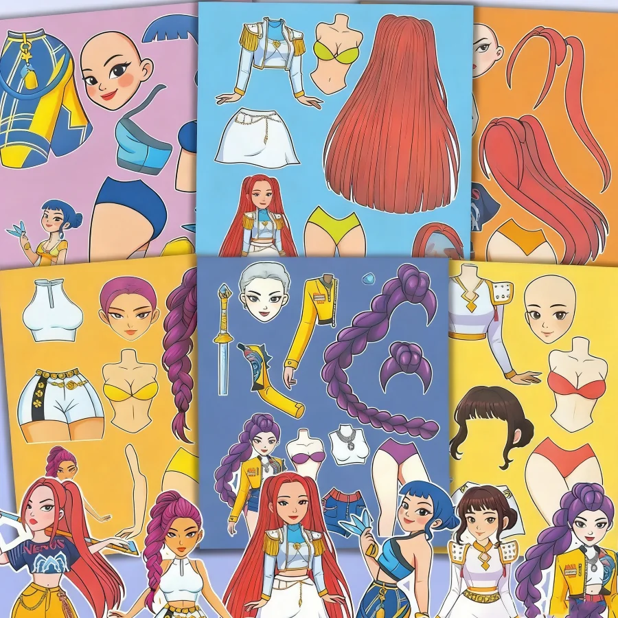 6pcs kpop Witch Hunting Team Dress Up Stickers Cartoon Children's Handmade Fun No Cutting DIY Dress Up Stickers
