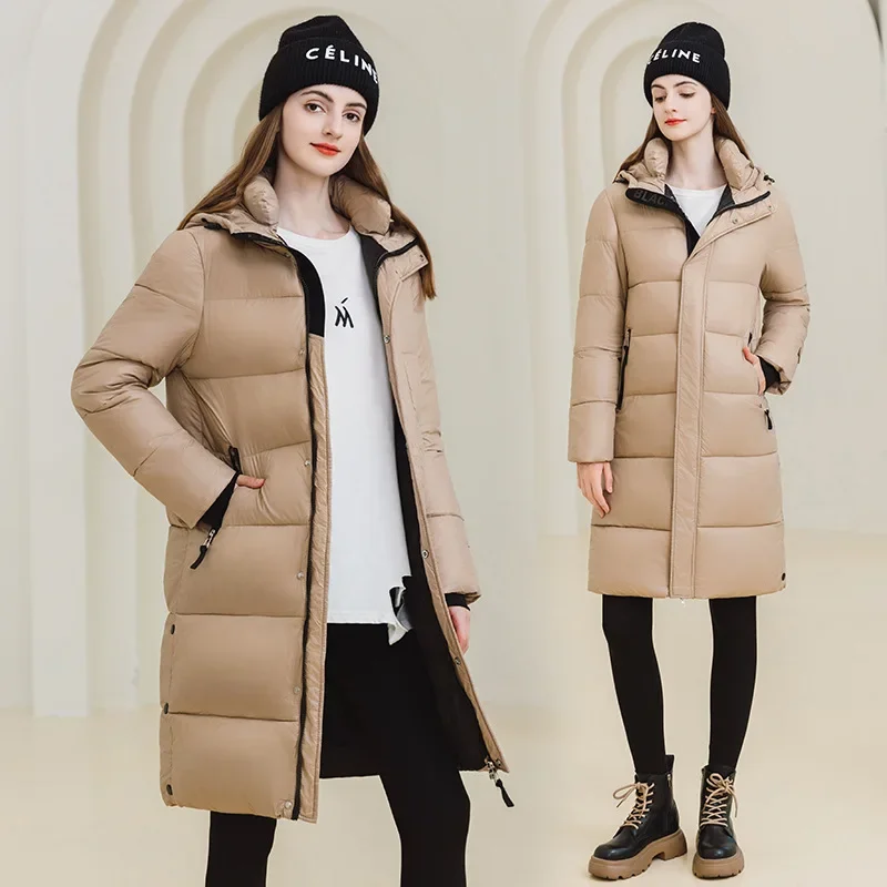 Winter Down Cotton Jacket Women Long Parkas Detachable Hat Zippers Pockets Warm Loose Waterproof Coat Female Black Overcoats