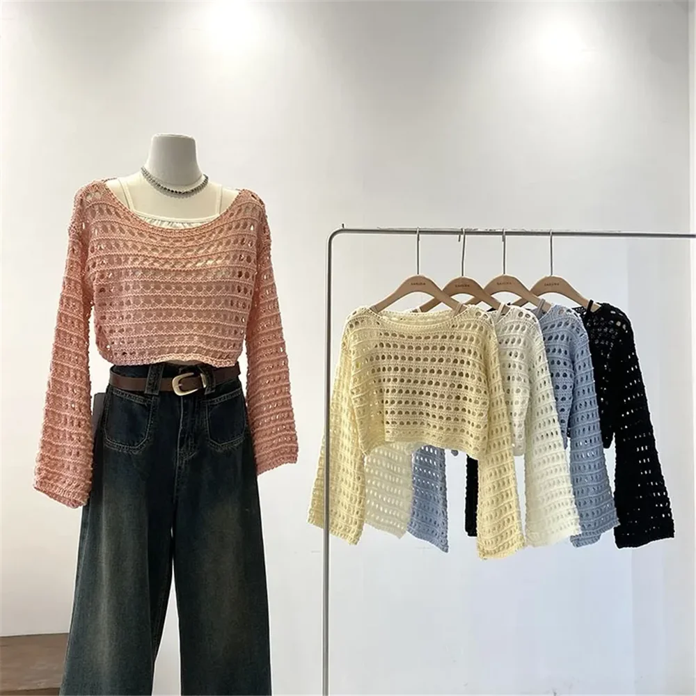 Long Sleeve Pullover Women Vacation Boho Crochet Knit Top autumn Beach Bikini Cover Up Crop Wool Knitwear Blouse Outfit harajuku