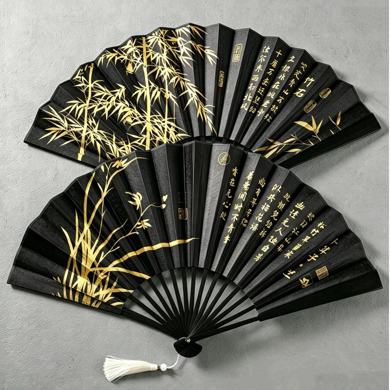 Black Gold Silk Folding Fan with Plum Orchid Pattern for Men Hanfu Photography Prop Summer Cooling Daily Fan Chinese Gift