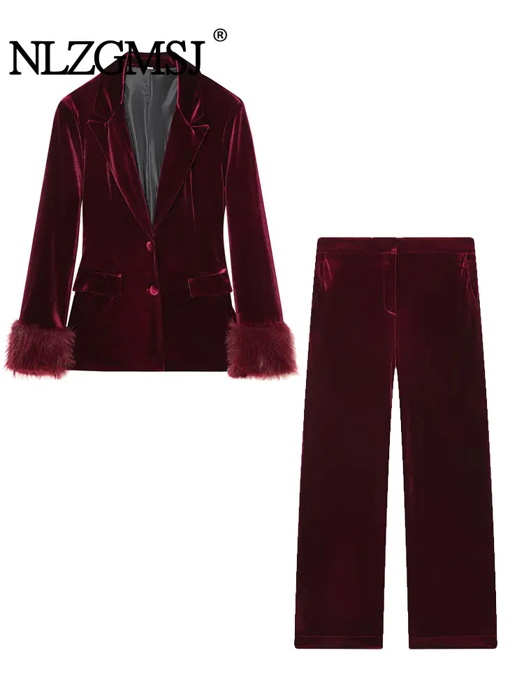 NLZGMSJ Herbst Frauen Samt Fell Dekoration Anzug Mode Anzug Top + Freizeit Hosen Zwei-Stück Set Frauen Elegante Hight straße Anzug