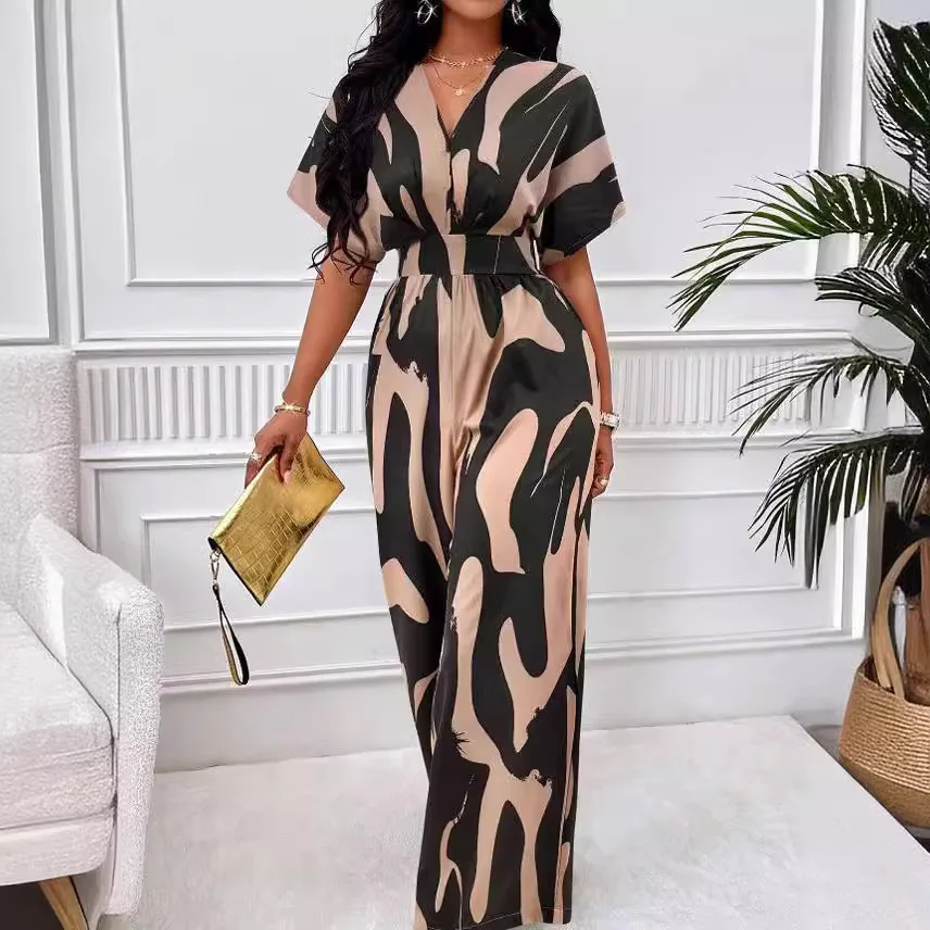 2025 Spring and Summer New Short-sleeved Printed Waist Jumpsuit Fashion Wide-leg Women Europe and The United States