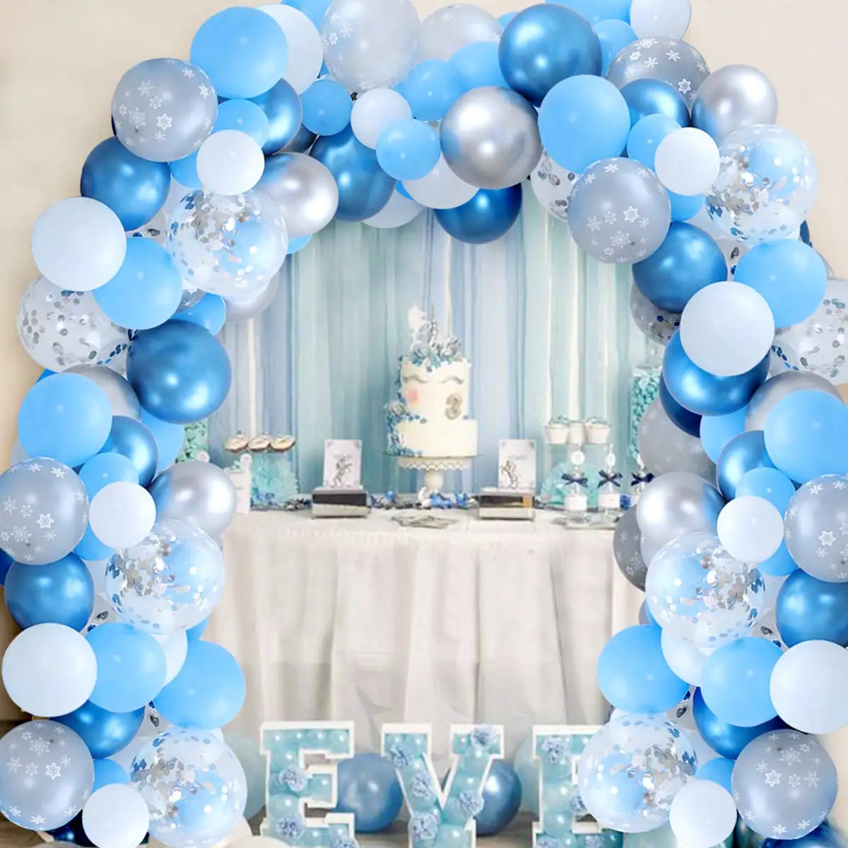 Kit de arco de guirnalda de globos de película de aluminio de copo de nieve azul plateado, fiesta de invierno del país de las Maravillas, cumpleaños, boda, decoración de Baby Shower, paquete de 112