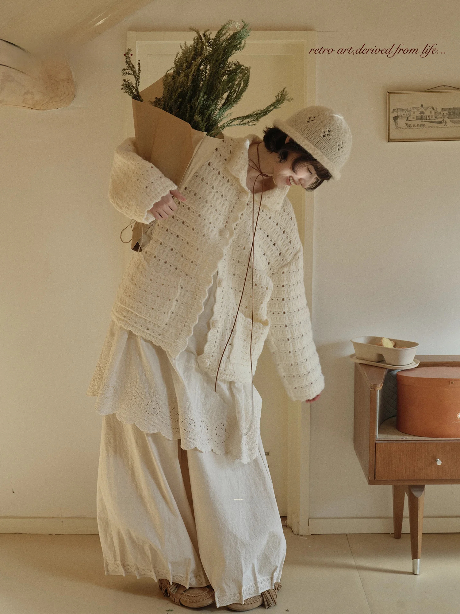 

Artistic Design Cozy Knit Hollow out Sweater Cardigan Women's Spring Slimming Long Sve Mid-Length Open Front Knitted Top