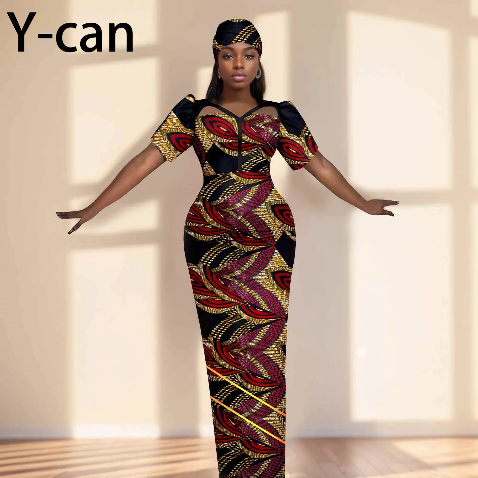 Party Gown African Dresses for Women Slim Fit Short Sleeve Dress Evening Vestidos with Headwrap Dashiki Ankara Print 2525071