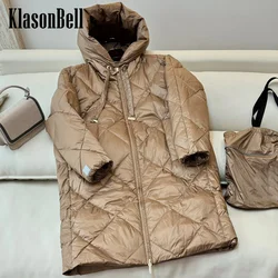 8.29 KlasonBell Women New 90% Goose Down Keep Warm Outerwear Quilted Argyle Plaid Hooded Long Sleeve Loose Zipper Down Jacket