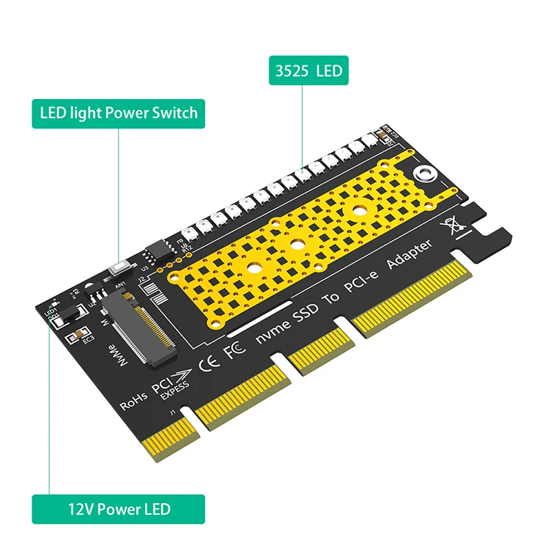 M2 SSD Adapter M.2 NVME to PCI Express X4/X8/X16 Riser Card with 3528 Colorful Flash LED Support 2230 2242 2260 2280 M2 NVME SSD