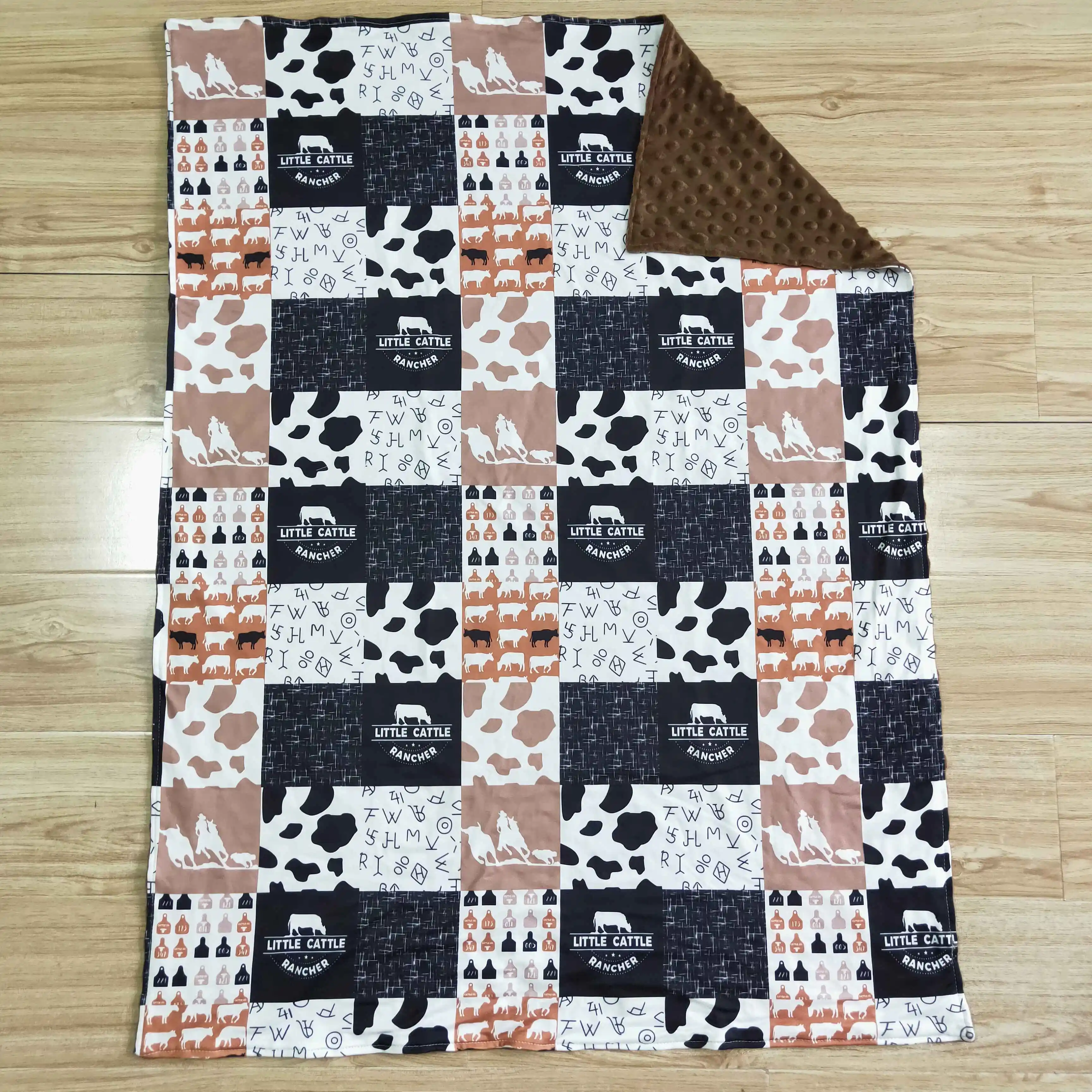 H​ot Sale ODM OEM RTS Toddler Infants Cow Print Brown Fleece Swaddle Wraps Baby Blankets For Newborns