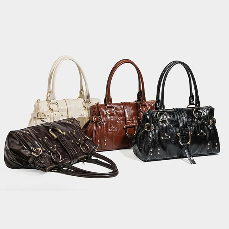 Women Y2K New Vintage Soft Leather Tote Bag, 2027 Lock Rivet Large Capacity Shoulder Bag, Zipper Buckle Commuter Travel Handbag